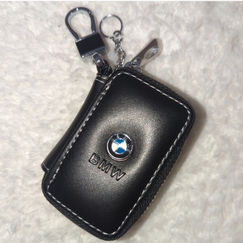 BMW Black Leather Key Fob Case Holder with Logo Silver Zip Mens Women's Car Key